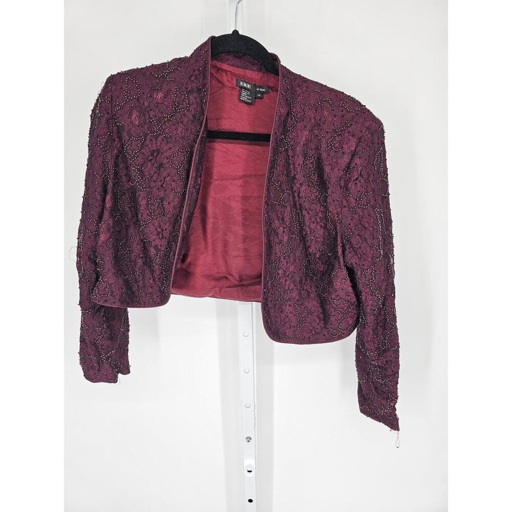 Rimini by Shaw Women's Purple Long Sleeve Beaded Floral Mesh Lace Jacket Size 14